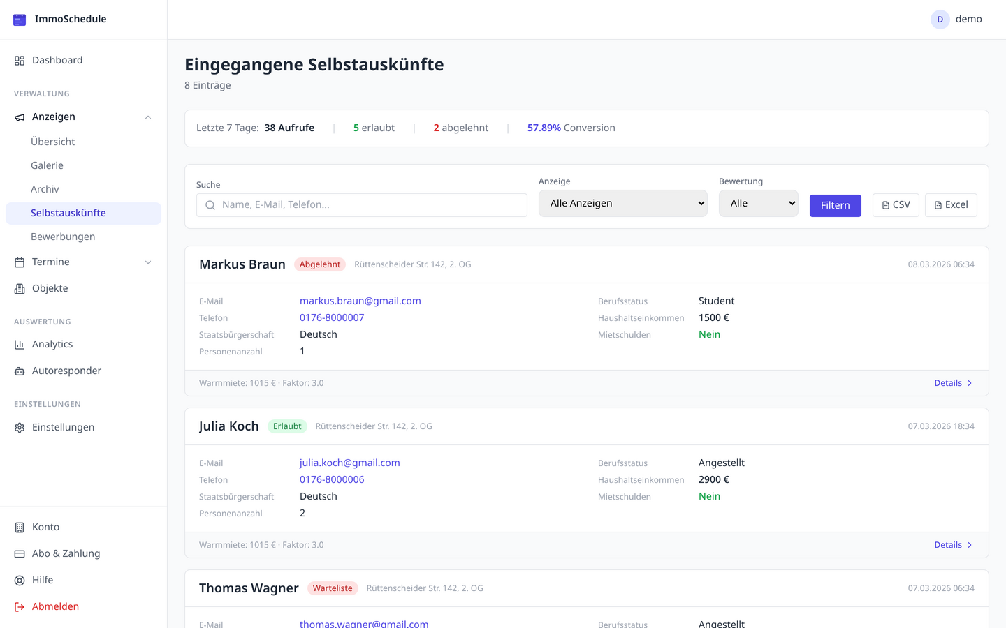ImmoSchedule Vermieter-Dashboard mit eingegangenen Selbstauskünften und Bewertungen