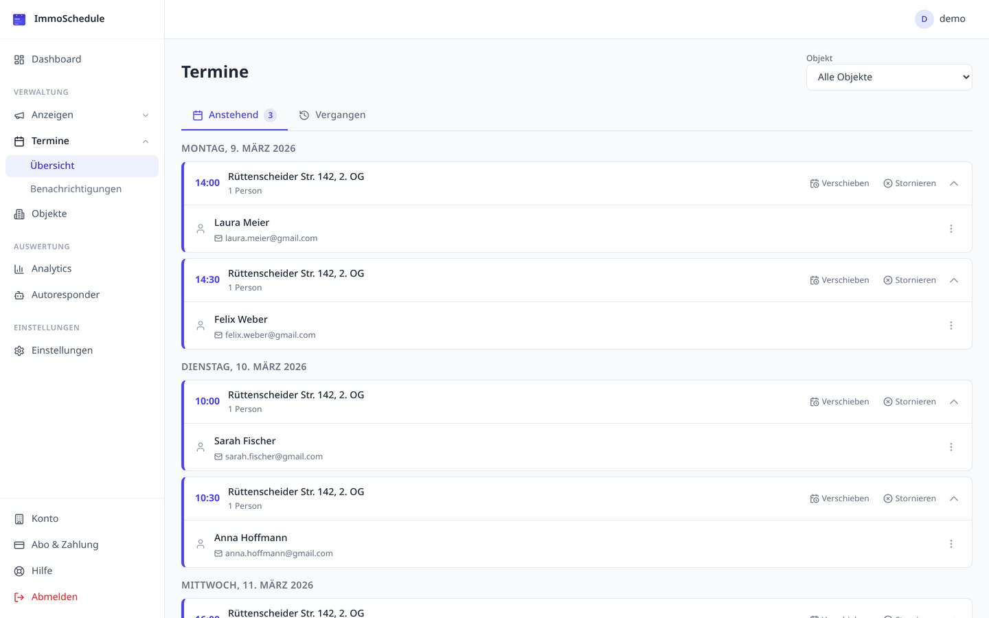 ImmoSchedule Terminübersicht mit Besichtigungsterminen und Buchungsstatus